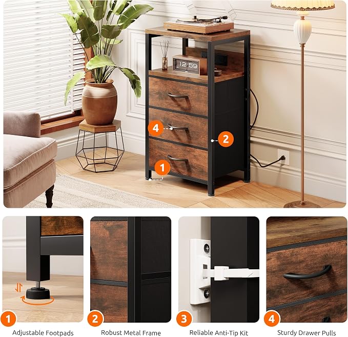 Lazzanto NightStand Bedside Charging Table Bedroom - Night Stand with Charger Station, Modern Nightstand with Open Shelf & 3 Fabric Drawers, Bed Side Table USB-C Port for Dorm Living Room - Image 6