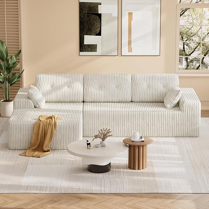 Ball & Cast 106" Cloud Modular Sectional Sofa, Boneless Corduroy Couch with Deep Seat, Comfy L-Shaped Sectional, Modern Upholstered Sofa for Living Room, No Assembly (Beige, Left Facing Chaise)