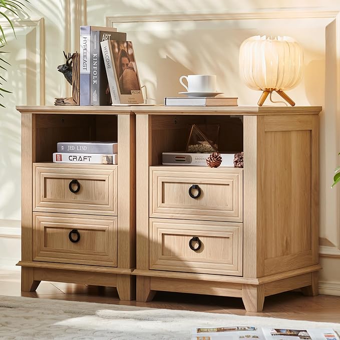 Joaxswe 18" Farmhouse Night Stand with Charging Station, 2 Drawers Bedside End Table, Natural Wooden Nightstand, Bed Side Table Cabinet with Open Shelf for Bedroom Living Room Office - Image 4