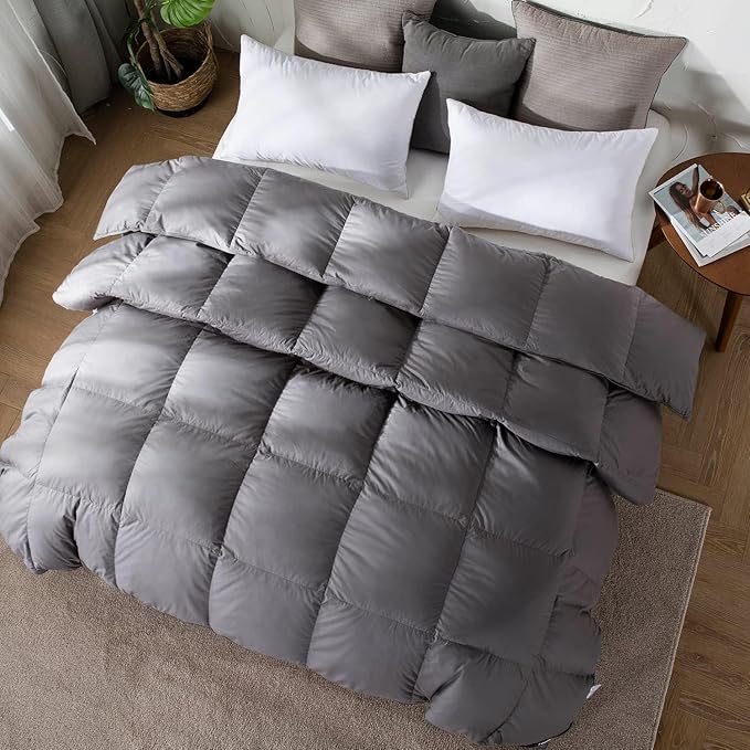 Topllen Down Feather Comforter Queen Size, All Season Duvet Insert, 100% Cotton Shell, Soft and Breathable Bedding with 8 Corner Tabs (90 x 90, Grey)