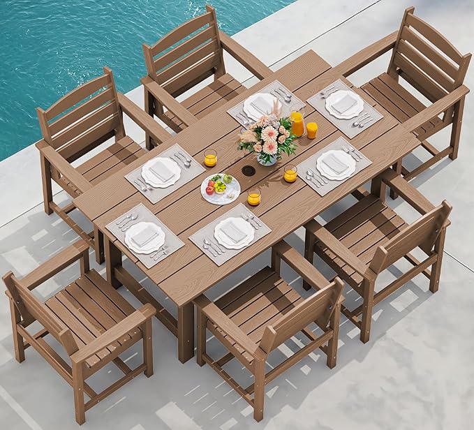 SERWALL 7-Piece Patio Outdoor Table & Chairs, HDPE Dining Set with Umbrella Hole & All-Weather Design for Lawn, Backyard, Poolside, Brown by SERWALL