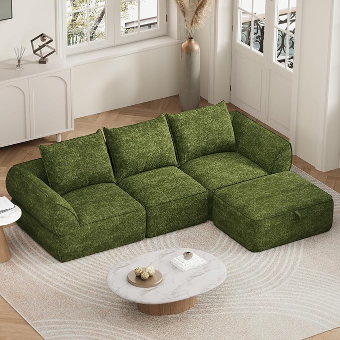 104" Modular Sectional Sofa with Deep Seat, Comfortable Upholstery L Shaped Cloud Couch for Living Room, 3-Seater Boneless Sofa with Movable Ottoman, Removable Cover, No Assembly Required, Algae Green