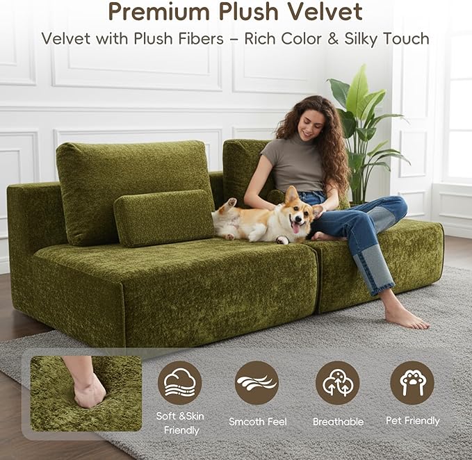 Modular Single Sofa Couch, Green Plush Velvet No-Assembly Compressed Sofa, Deep-Seat Lounge Chair for Small Spaces Living Rooms Bedrooms Reading Nooks