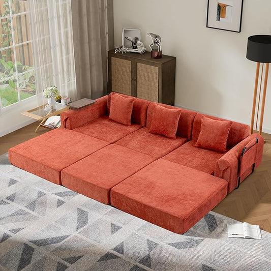 100" Convertible Sleeper Sofa Bed, Oversized Modular Sectional Cloud Sofa with Fixed-Shape Frame & Tabletop, Boneless Couch with Storage Pocket for Living Room, No Assembly Required, Orange