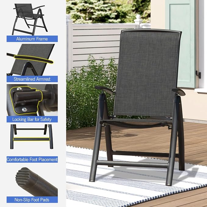 Domi Folding Patio Chairs Set of 2, Aluminium Frame Reclining Sling Lawn Chairs with Adjustable High Backrest, Patio Dining Chairs for Outdoor, Camping,Porch,Balcony(Textilene Fabric) - Image 6
