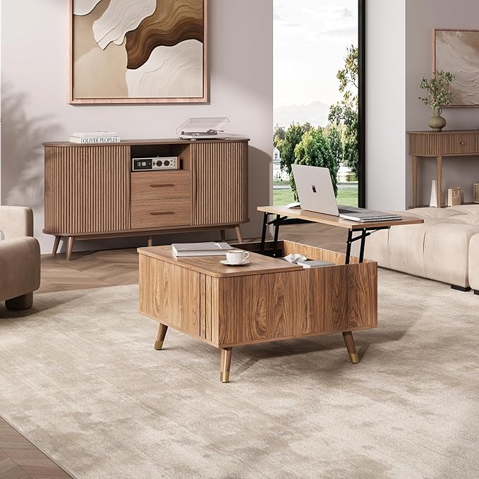 Square Coffee Table with Lift-Top & Flip-Top Storage, 36" Functional Modern Accent Center Table with Solid Wood Legs, Rustic Walnut Coffee Tables for Living Room Small Space or Office