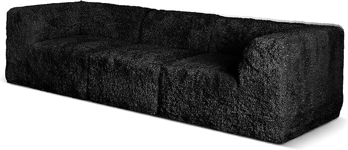 Furniture of America Havyn Modern Faux Fur 3-Seater Modular Foam Sofa with Curved Arms & Deep Seat, Compressed Couch in a Box, No Assembly Required, for Living Room and Office, Black