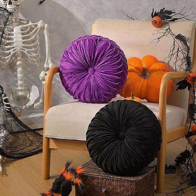 Beeveer 2 Pcs Round Throw Pillows 15 Inch Decorative Velvet Pleated Pumpkin Pillows Boho Floor Pillow with Center Button for Living Room Couch Chair Bed Sofa Home Decoration (Black and Purple)