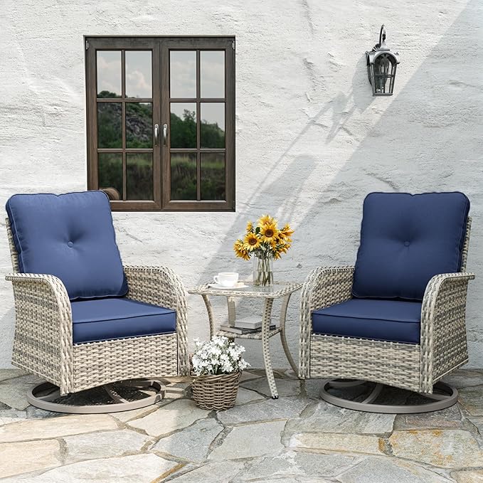 6-Piece Patio Rocking Swivel Chair Outdoor Wicker Rattan Bistro Set with Tempered Glass Side Table, Outdoor Patio Furniture Set for Garden, Deck, and Balcony, Blue
