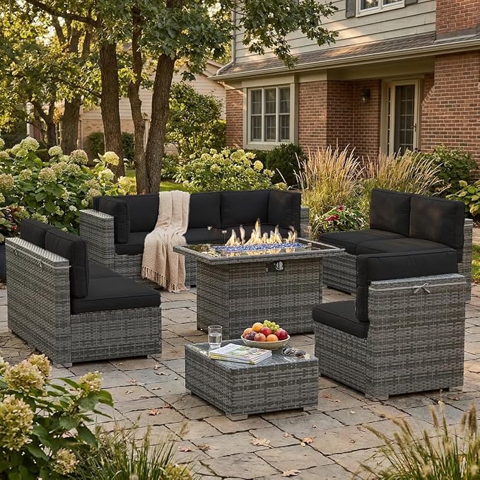 10 Pieces Patio Furniture Set with 44" Propane Gas Fire Pit Table, Outdoor Sectional Wicker Conversation Sofa Sets with Coffee Table