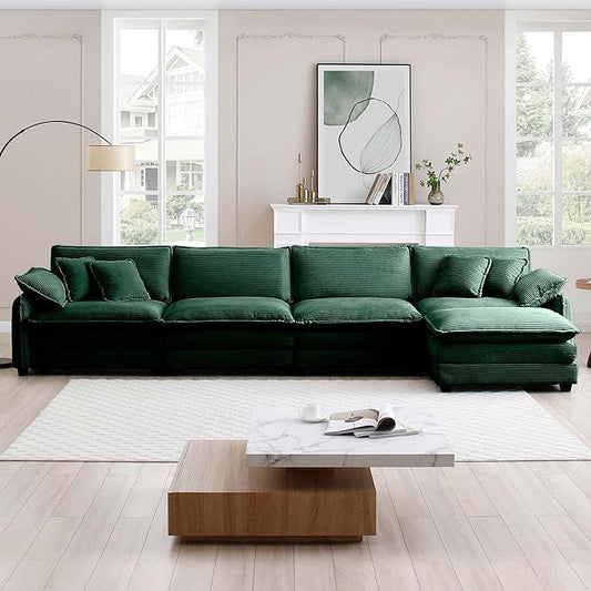 KEIKI 150" L-Shaped Oversized Corduroy Modular Sectional Sofa with 1 Ottoman, High-Density Foam Cushions, Removable Armrests, Upholstered 4-Seater Corner Couch with 6 Pillow, for Living Room, Green