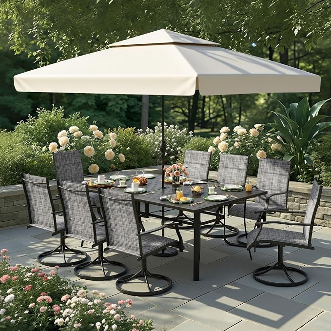 9 Pieces Patio Dining Set for 8, All Weather Outdoor Furniture Set, 75.6" Metal Dining Table with Umbrella Hole and 8 High Back Textilene Swivel Chairs for Deck Garden Lawn Poolside, Grey - Image 8