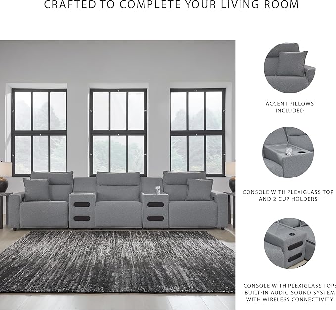 Signature Design by Ashley Modern ModMax II Stain Resistant 5-Piece Power Reclining Sectional with Adjustable Headrest and Built-in Speaker, Gray