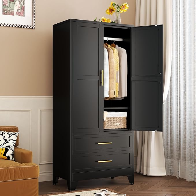 winiowa Metal Armoire Wardrobe Closet with 2 Drawers, 71" Wardrobe Cabinet with Adjustable Shelves and Hanging Rod, Clothing Storage Cabinet Closet for Bedroom-Black