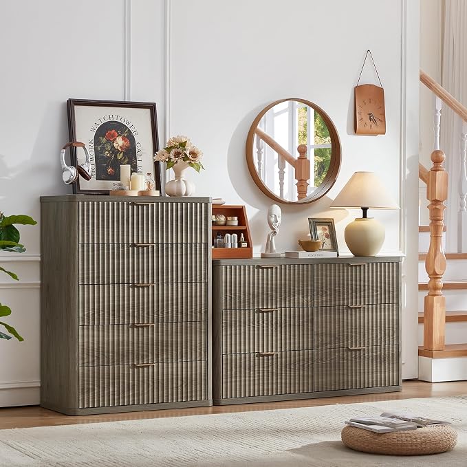LEYAOYAO Fluted 5 Drawers Dresser for Bedroom, 41" Tall Modern Chest of Drawers with Metal Handle, Curved Profile Farmhouse Closet Organizer Wood Dressers TV Stand for Living Room, Hallway,Grey - Image 8