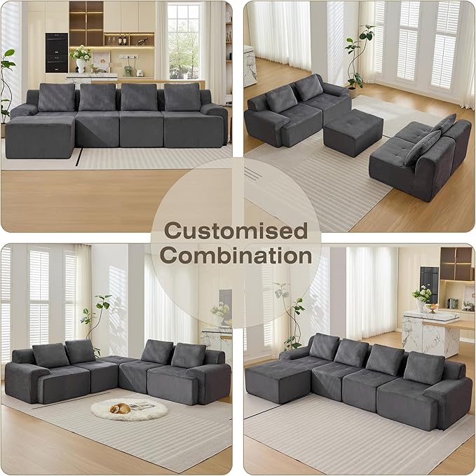 Modular Sectional Sofa, Boneless Couches for Living Room, Corduroy Couch, Big Comfy Couch, Modular Cloud Sofa with Deep Seat (Grey, 5 Pieces-L Shape)