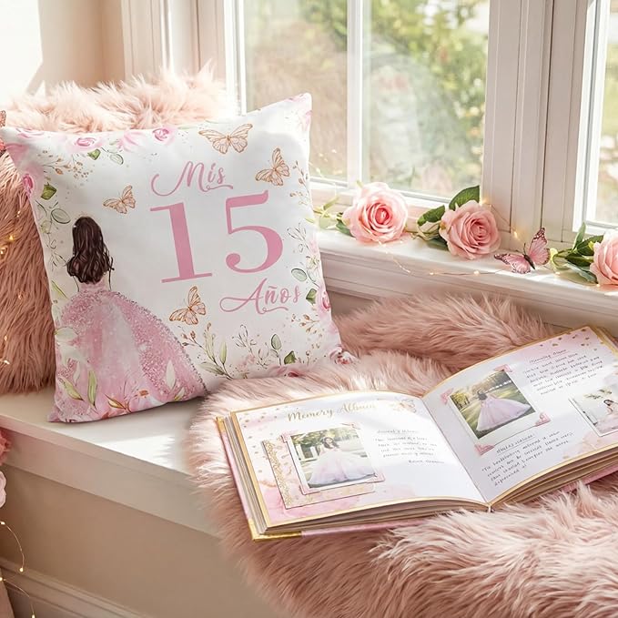 Kathfly Cojines para 15 Años De Quinceañera Decoration 16 x 16 Inche Pink Quinceañera Pillow Gifts Mis Xv Años Throw Pillow Sweet for Daughter Sister Friend 15th Birthday Gifts