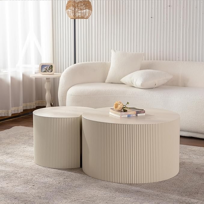 kevinplus 47.25'' Round Modern Coffee Table Set of 2 for Living Room, Wood Circle Drum Coffee Table, No Assembly, Beige