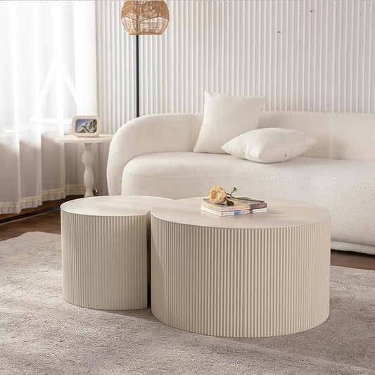 kevinplus 47.25'' Round Modern Coffee Table Set of 2 for Living Room, Wood Circle Drum Coffee Table, No Assembly, Beige