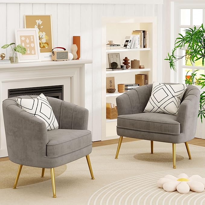 Andeworld Velvet Accent Chair Set of 2, Upholstered Modern Single Sofa Side Chair,Comfy Barrel Club Living Room Armchair with Golden Metal Legs for Bedroom Living Reading Room Office, Grey