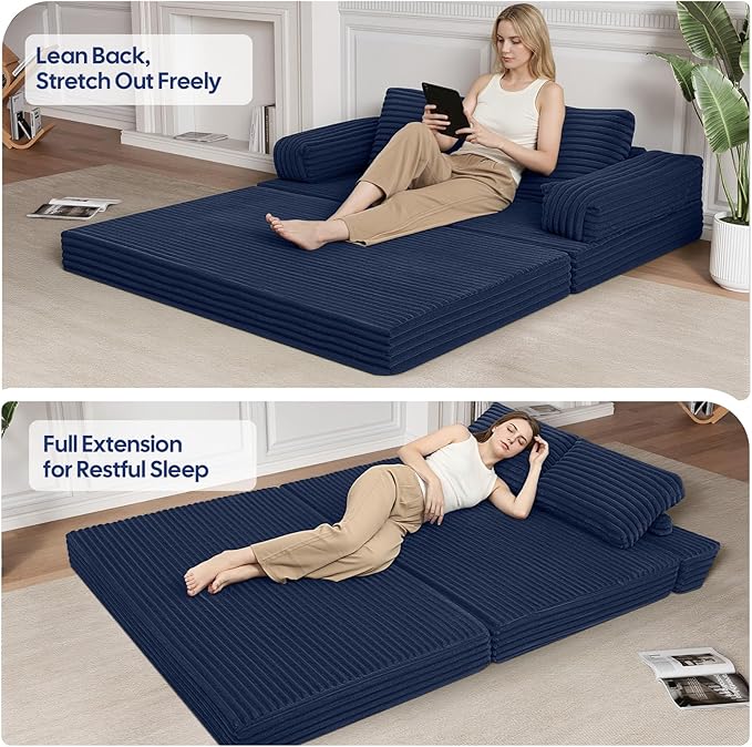MeMoreCool Convertible Sofa Bed, Folding Floor Couch Bed Queen, Pull Out Sleeper Couch with Pillows, Fold Out Futon Sofa for Bedroom Living Room Small Space, Corduroy Beige