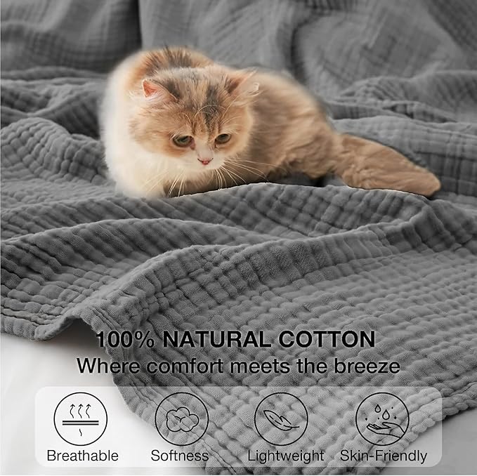 100% Cotton Muslin Blanket Large 50" x 70", Breathable and Lightweight Cotton Throw Blanket for Bed and Couch, Soft Cooling Summer Gauze Blanket for Adults All Season, Dark Grey