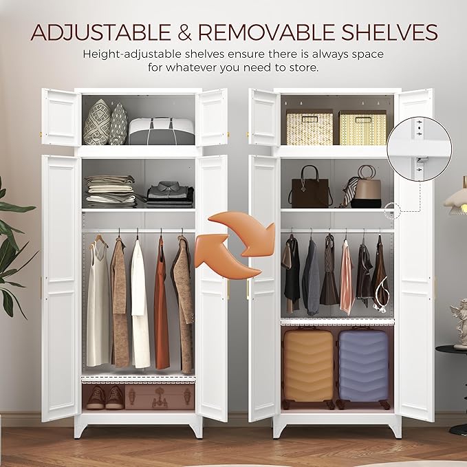 Metal Armoire Wardrobe Closet with Doors, 86" Tall Wardrobe Cabinet, White Clothing Storage Cabinets with Adjustable Shelves for Bedroom, Home Office