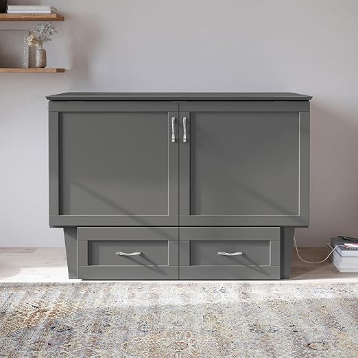AFI, Chelsea Mid-Century Modern Full Wood Murphy Bed Chest with 6" Mattress, Storage Drawer & Built-in USB Charger, Grey