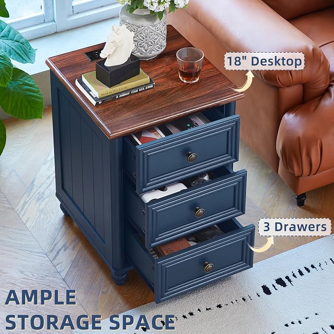 RWYHG 18" Farmhouse Nightstand Set 2 with Charging Station and USB Port, Blue Night Stand with 3 Drawers, Wood Bedside End Table with Storage, Bed Side Tables for Bedroom Living Room and Closet - Image 4