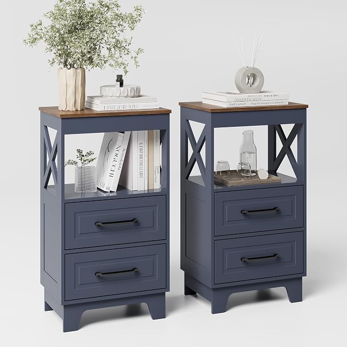 Tall Nightstand Set of 2 Side Table with 2 Drawers Modern Night Stand Wooden Rustic End Table Bedside Table with Upper Open Shelf Solid Feet for Bedroom Navy Blue+Walnut by ZYKZYKHOME