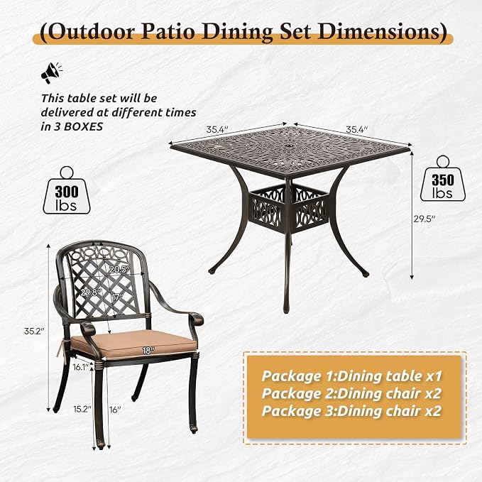 5-Piece Cast Aluminum Outdoor Patio Dining Set, All Weather Cast Aluminum Outdoor Furniture Dining Set for Patio, Balcony, Lawn, Garden, Backyard w/4 Chairs and Cushions, 2.0" Umbrella Hole - Image 3
