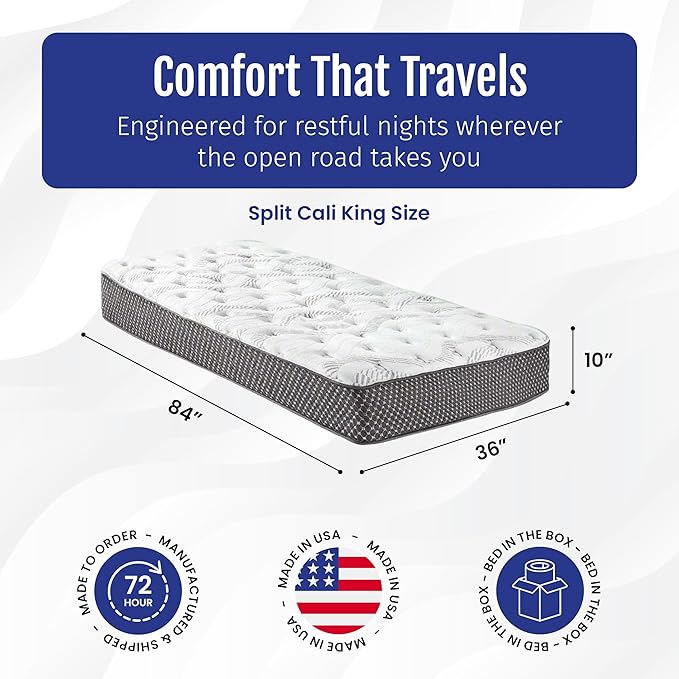 WanderRest Cool Hybrid 10” RV Mattress, King 36x84, Medium, Cooling Gel Memory Foam & Pocketed Coil Mattress for RV, Camper, or Travel Trailer, Made in USA