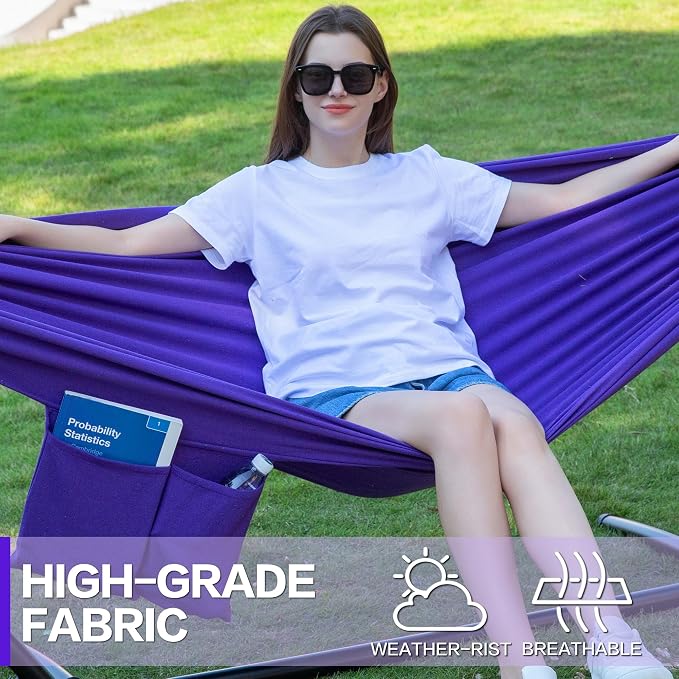 PNAEUT Double Hammocks with Stand for Outside, Portable Space Saving Heavy-Duty Steel Stand for Indoor Outdoor Patio with Carrying Bag, 450 lbs Capacity (Purple) - Image 4