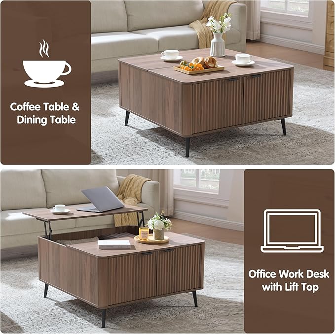 Lift Top Coffee Table with Large Hidden Compartment, 35.4" Wide Square Coffee Table with Storage, Mid Century Modern Fluted Center Table for Home Living Room, Brown