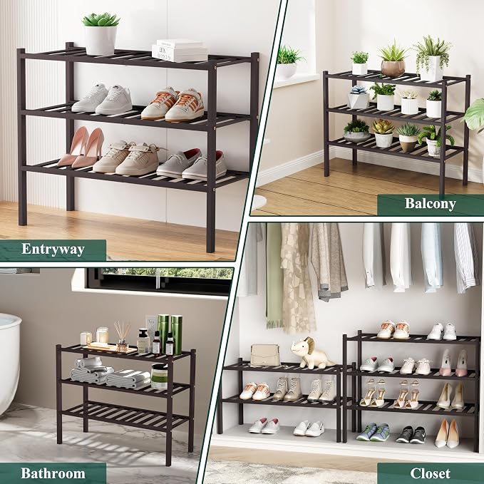 Smiry Shoe Rack, 2 Tier Long Bamboo Shoe Organizer, Stackable Free Standing Wooden Shoe Storage Shelf for Closet, Entryway, Front Door Entrance, Brown - Image 5