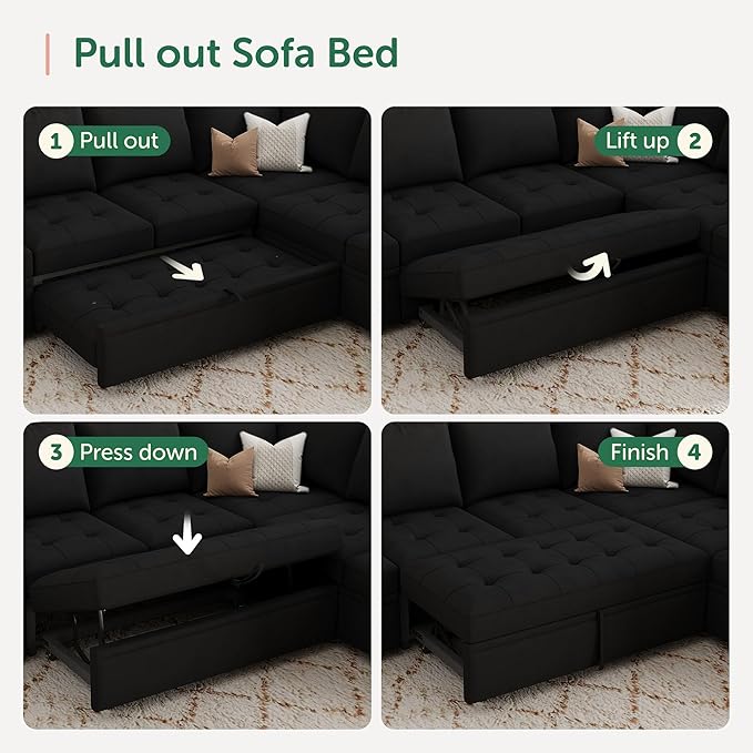 HONBAY Modular Sectional Couch with Pull Out Bed Sleeper Sofa with Storage U Shaped Modular Sectional Couches for Living Room,Velvet Black