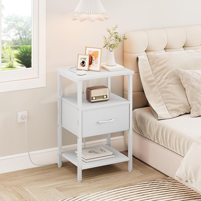 Vagusicc Night Stand Set 2, White Nightstand with Charging Station, Bed Side Table with Drawer, End Table with Storage Shelf for Living Room, Tall Bedside Table, White Night Stand for Bedroom - Image 6