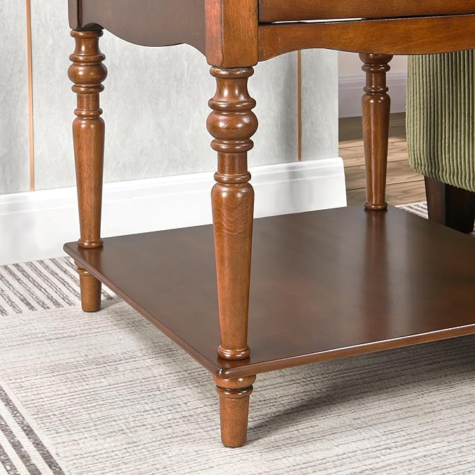 Large End Table with Drawer and Storage Shelf, Solid Wood Sofa Side Table, Slim Beside Table,Telephone for Small Spaces, Living Room, 22.8"L x 22.8"W x 24"H ,No-Tools Assembly,Caramel Brown CJZC008DR