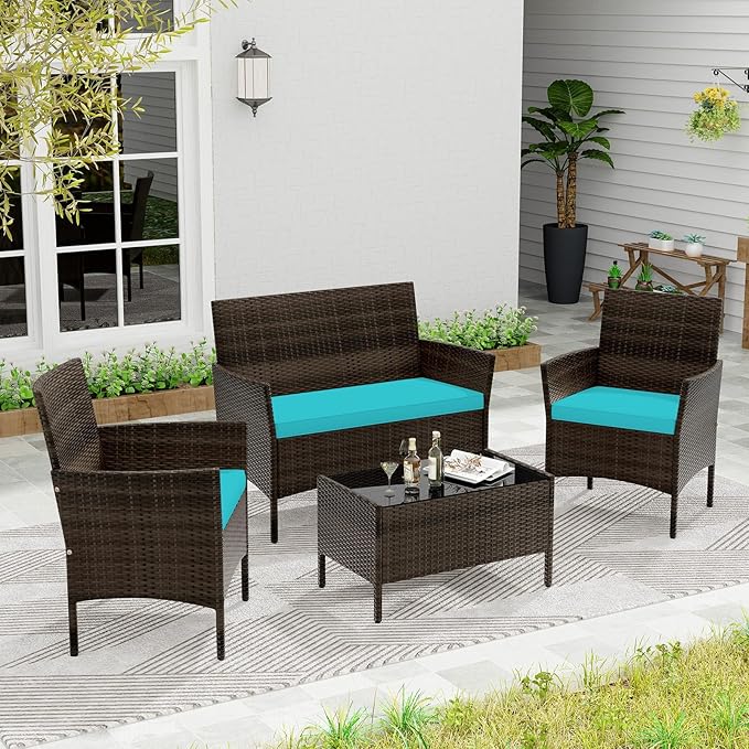 KOTEK 4 Piece Patio Furniture Set, Outdoor Rattan Conversation Set with Loveseat, Wicker Chairs, Tempered Glass Coffee Table, Wicker Patio Set for Backyard, Porch (Turquoise)