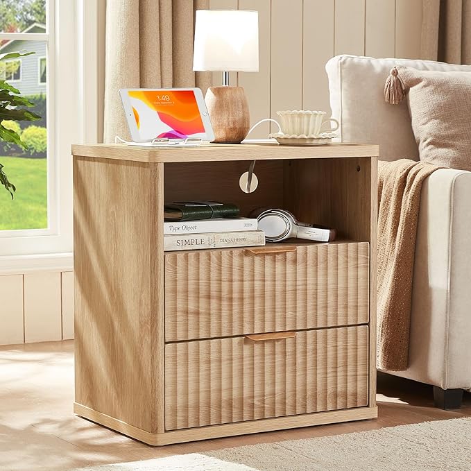 LEYAOYAO 48" Wide Fluted Dresser and 2 Drawers 23" Nightstand Set of 2, Wooden Dresser & Night Stand with Charging Station, 3 Piece Bedroom Furniture Set, Wood Chest of Drawer for Living Room,Natural