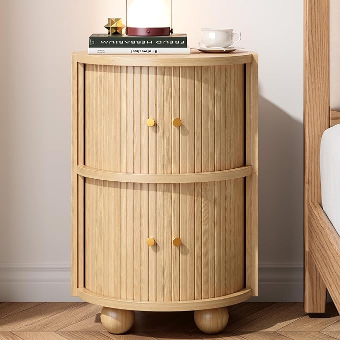 Round Nightstand with Sliding Doors and 2 Storage Shelves, Modern Bedside End Table, Suitable for the Bedroom (Oak) by Decofy