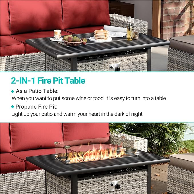 13-Piece Outdoor Patio Furniture Set with Rocking Swivel Chair, PE Wicker Rattan Sectional Sofa Patio Conversation Set with 55,000 BTU Fire Pit Table & Coffee Table, Red