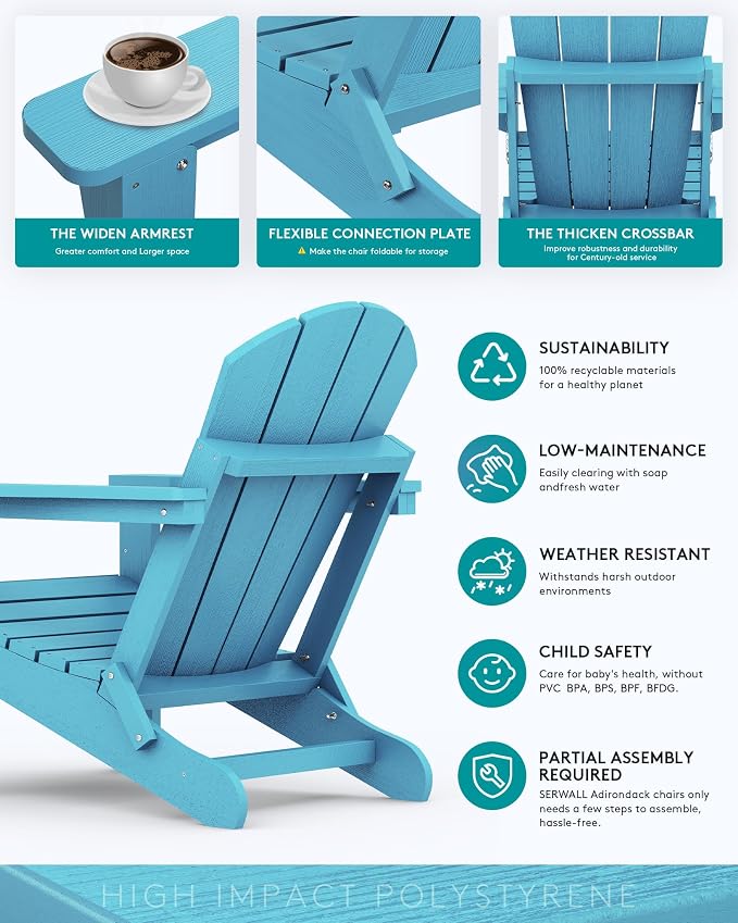 SERWALL Folding Adirondack Chair with Cup Holder Weather Resistant Patio Chair Outdoor Chairs Painted Adirondack Chairs Set of 2 - Aruba Blue - Image 6