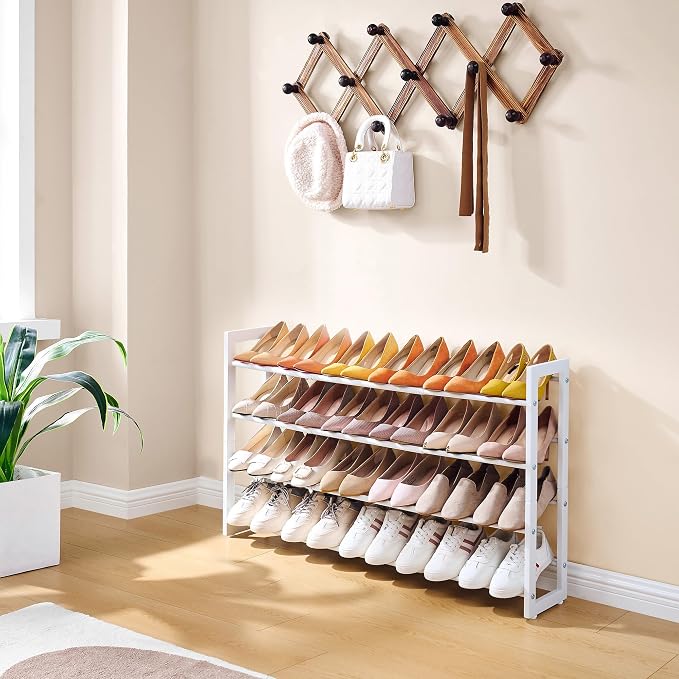 FAVOOSTY 4-Tier Expandable Shoe Rack, Adjustable Shoe Shelf Storage Organizer Space Saving Metal Free Standing Shoe Rack for Entryway Closet Doorway, White - Image 5