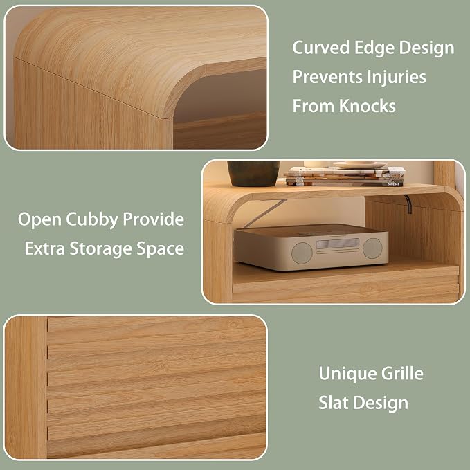 Modern Nightstand with Charging Station, 23.6" Wide Wood Night Stand with 2 Storage Drawers and Curved Edge, Farmhouse Fluted Bedside Table, Bed Side Table, Small End Table for Bedroom, Natural Oak - Image 3