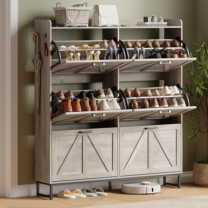 Shoe Cabinet with 6 Flip Drawers, Freestanding Hidden Shoe Storage Organizer for Entryway, Narrow Slim Shoe Rack Cabinet with Open Storage & Hooks for Front Door Entrance, Living Room, Hallway, Grey by Xixini