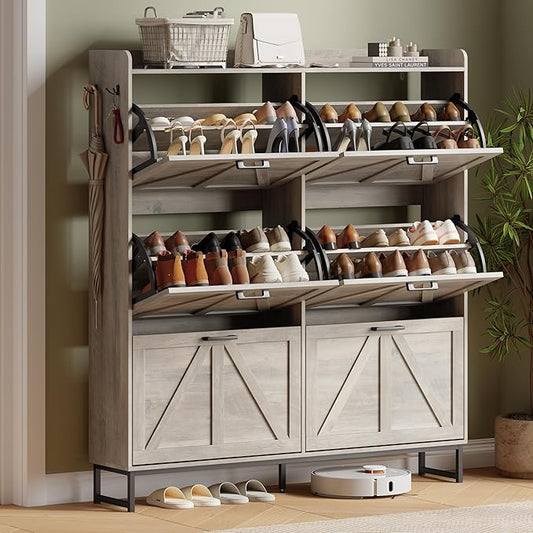 Shoe Cabinet with 6 Flip Drawers, Freestanding Hidden Shoe Storage Organizer for Entryway, Narrow Slim Shoe Rack Cabinet with Open Storage & Hooks for Front Door Entrance, Living Room, Hallway, Grey by Xixini