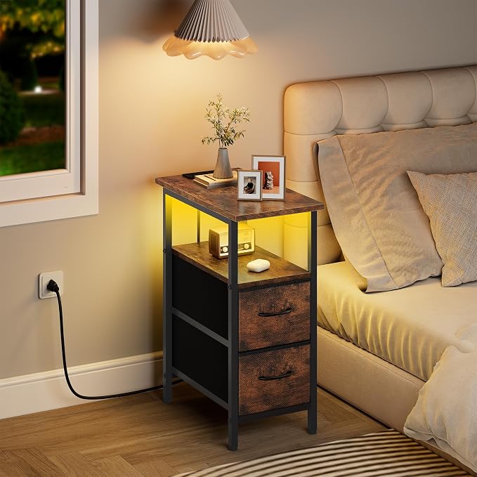 Vagusicc Set of 2 Nightstand with Charging Station and LED Lights, Narrow Side Table, LED Night Stand with 2 Fabric Drawers, Bedside Table Small End Table, Tall Nightstand for Bedroom, Rustic Brown - Image 2