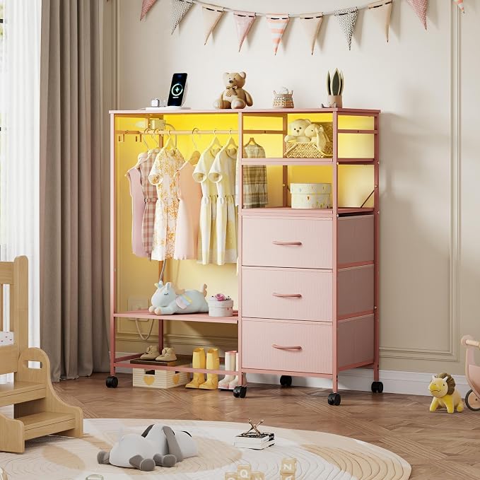WLIVE Pink Dresser with Hanging Rack for Bedroom, 3 Drawer Dresser with LED Lights & Charging Station, Fabric Dressers & Chest of Drawers, Storage Organizer with Open Shelves for Living Room - Image 7