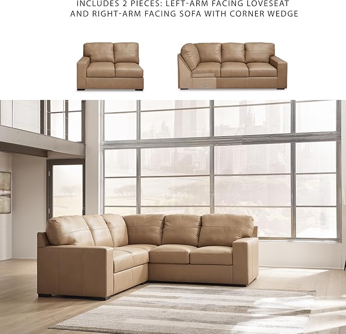 Signature Design by Ashley Bandon Modern Leather Match Right-Arm Facing 2-Piece Sectional with Removable Cushions and Armrest, Light Brown